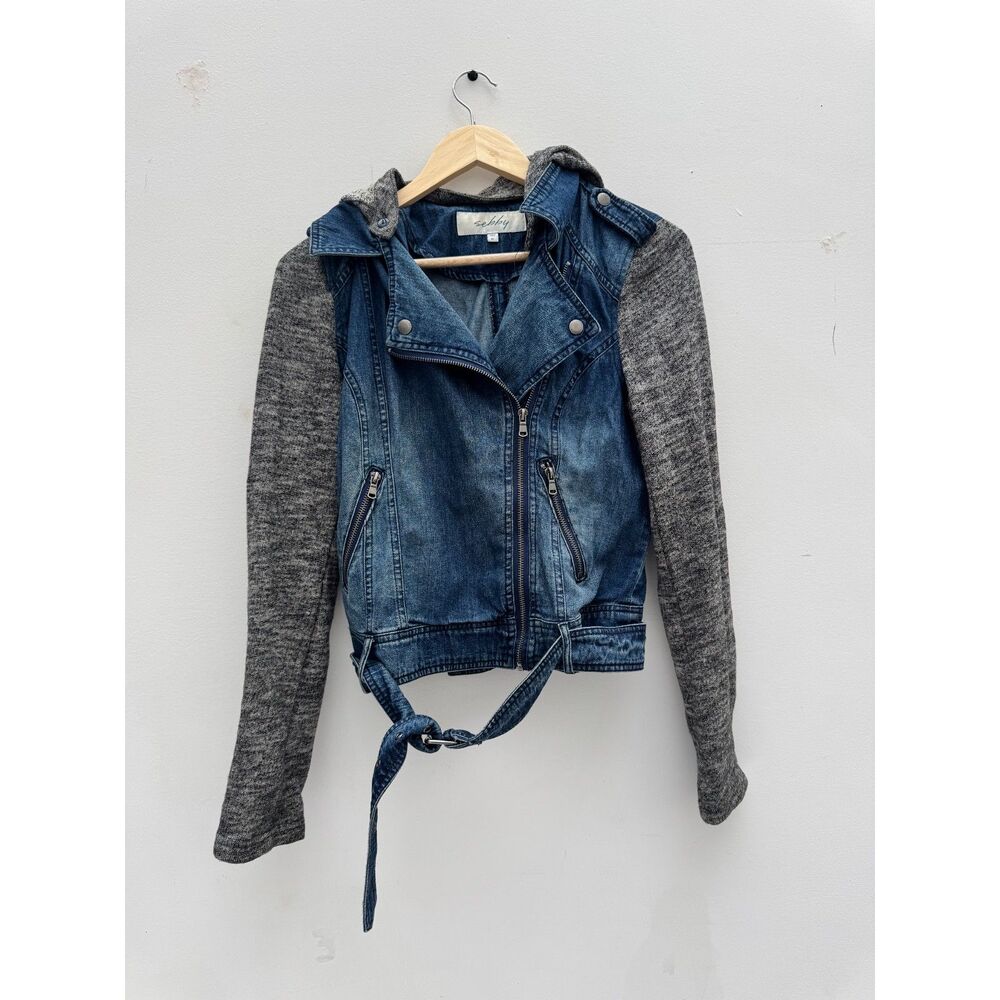 Sebby Denim Moto Jacket Women's M Grey Knit Sleeve Hooded Asymmetric Zip